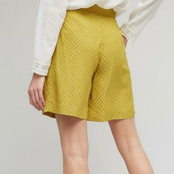 Anthropologie Seen Worn Kept High Waist Pleated Jacquard Trouser Short Yellow 8 - Picture 3 of 11